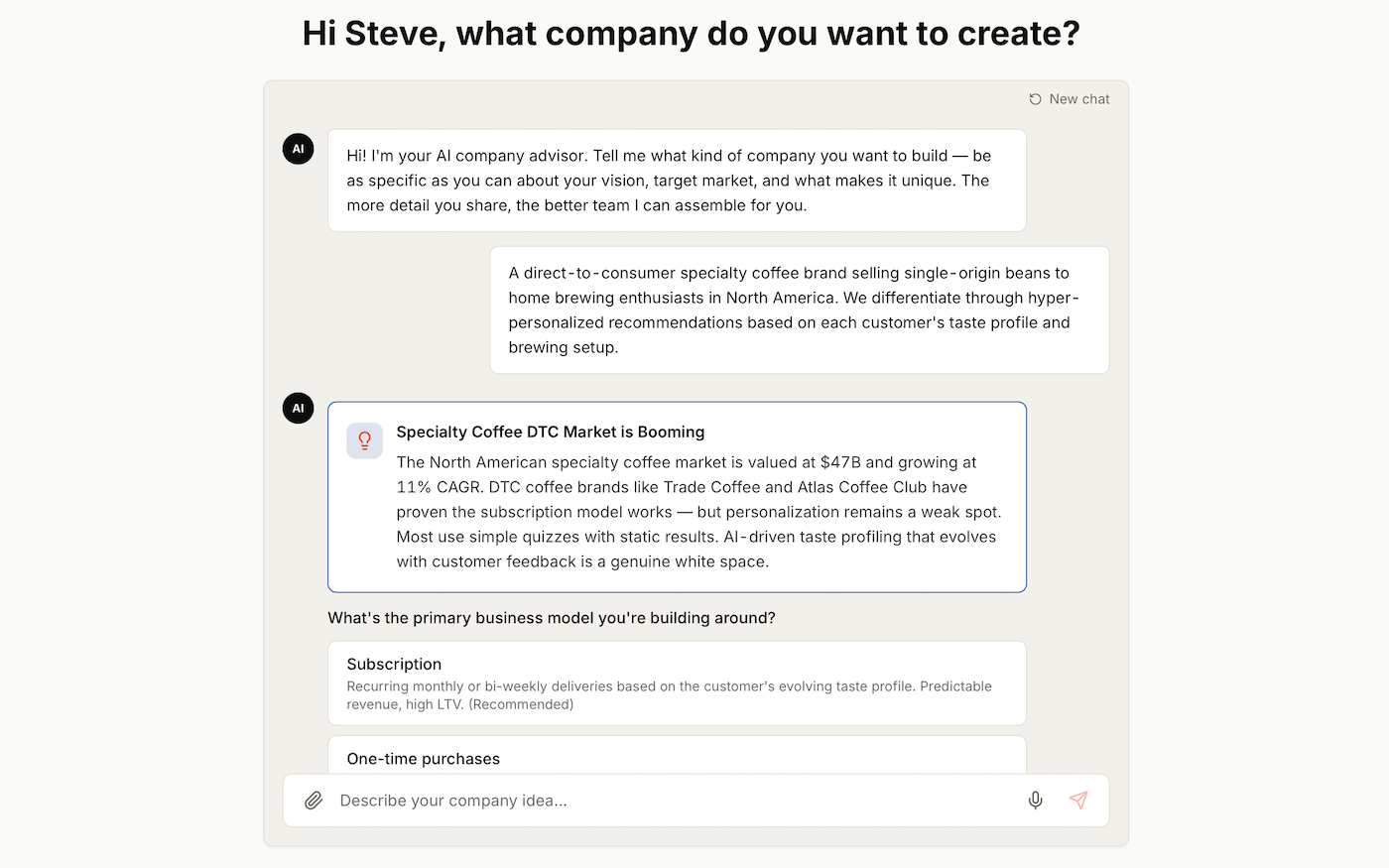 Orchestrator chat asking sharp follow-up questions about the business idea
