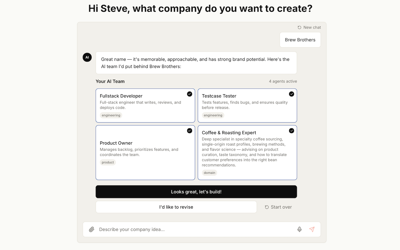 Proposed team — Developer, QA, Product Owner and Domain Expert ready to approve