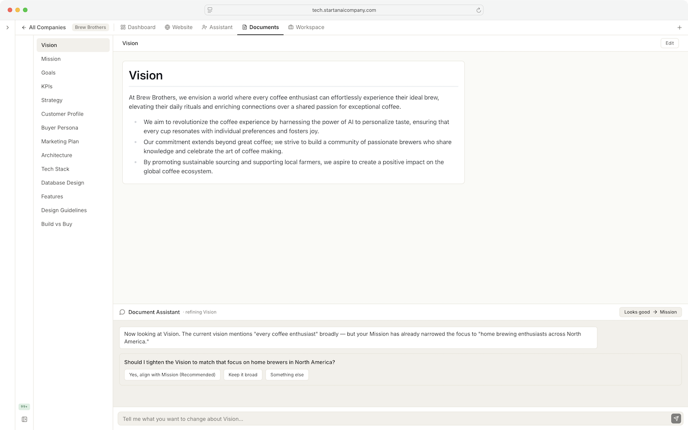 Generated strategy documents — vision, KPIs, architecture, feature specs