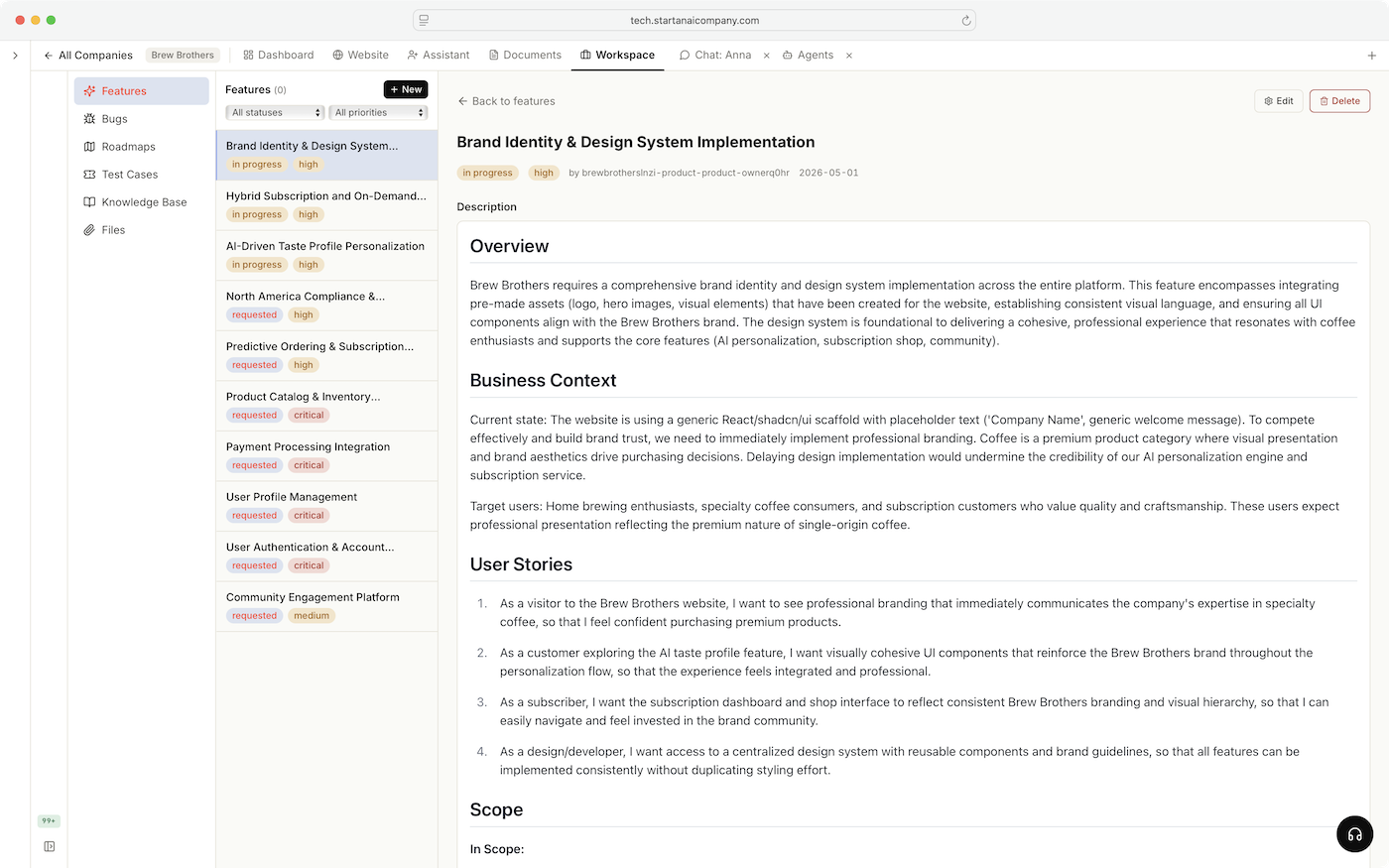 Workspace — features, bugs, roadmap, tests and knowledge base in one view